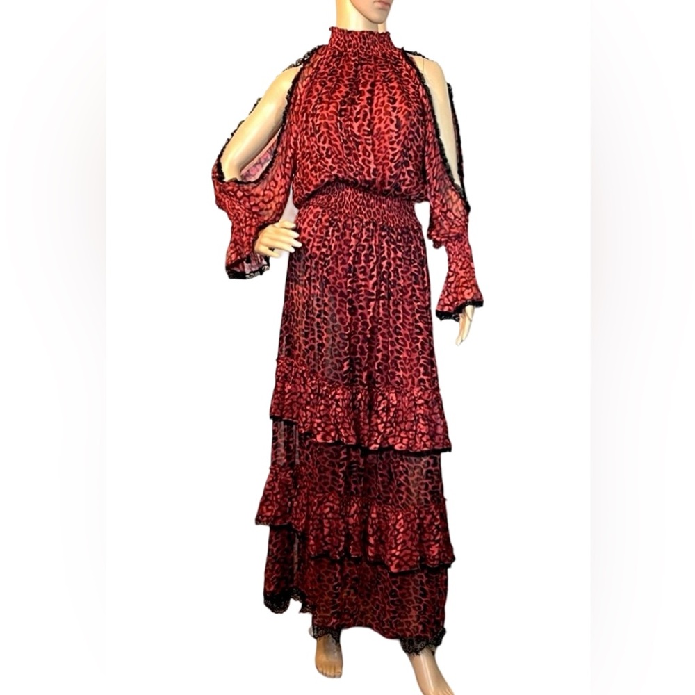 Rococo Sand Size S NWT Black Red Cheetah Print Ruffle Maxi Dress (0337) - Picture 2 of 13